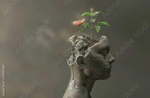 Flower Emerging from Stone Statue Head photo