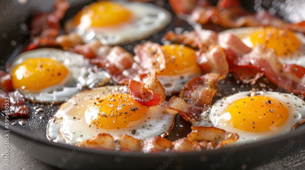 A close-up of a non-stick frying pan with eggs and bacon cooking, showcasing the food's crispy texture. A close-up of a non-stick frying pan with eggs and bacon cooking, showcasing the food's crispy texture.