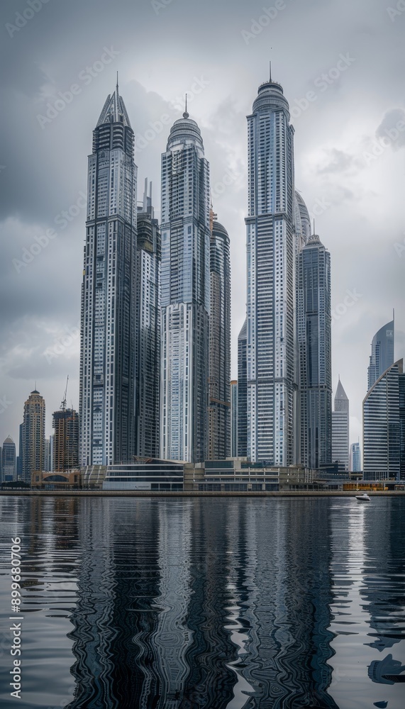Obraz premium Modern city skyline with sleek skyscrapers reflecting overcast sky, symbolizing urban innovation