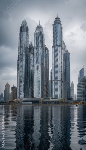 Modern city skyline with sleek skyscrapers reflecting overcast sky, symbolizing urban innovation