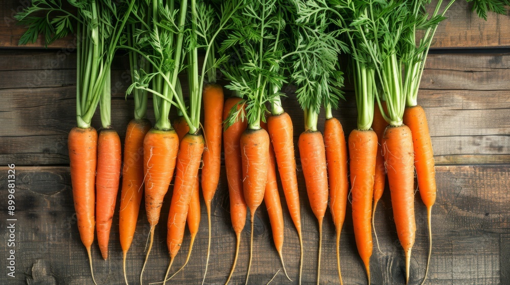 A close-up of fresh, vibrant carrots with their green tops still attached, arranged on a rustic wooden table. A close-up of fresh, vibrant carrots with their green tops still attached, arranged on a rustic wooden table.