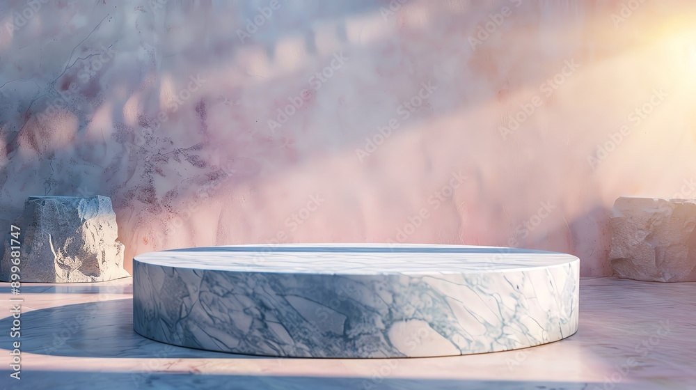 Podium with light marble on a serene, calming background, ample copy space Podium with light marble on a serene, calming background, ample copy space