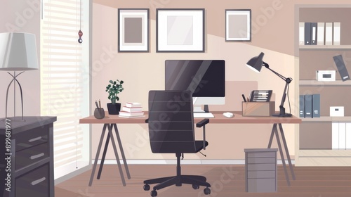 Modern home office with ergonomic furniture. Featuring a spacious desk and organized workspace. Emphasizing productivity and comfort. Ideal for remote work and home office presentations.