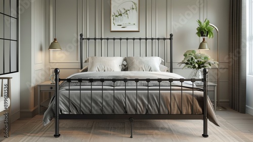 Contemporary king size metal bed frame with headboard and footboard in bedroom with neutral walls