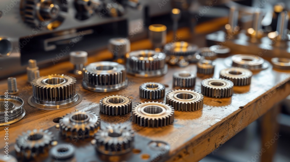 Precision-cut gears laid out on a workbench, ready for assembly