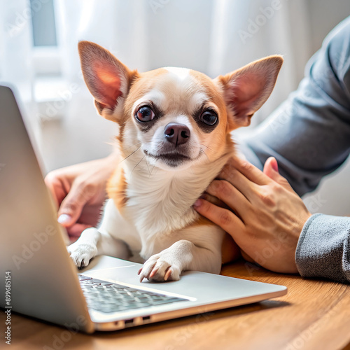 a person is petting their chihuahua dog lying on its back, the dogs tongue and tail hanging out while being massaged with both hands sitting in front of an open laptop computer Generative AI © Танюша Коновал