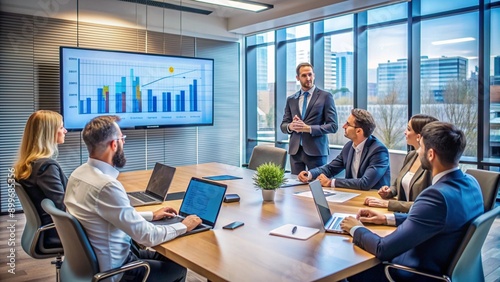 Business meeting in a modern office with a screen displaying a bar chart.
