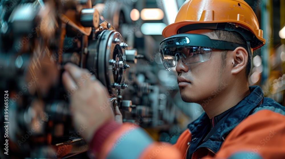 A worker using augmented reality glasses to repair machinery, highlighting the integration of advanced technology in maintenance A worker using augmented reality glasses to repair machinery, highlighting the integration of advanced technology in maintenance