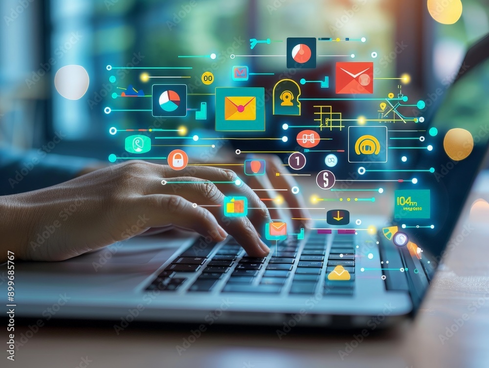 Digital Marketing Strategy Concept - Hands Typing on Laptop with Business Icons and Data Charts on Screen Digital Marketing Strategy Concept - Hands Typing on Laptop with Business Icons and Data Charts on Screen