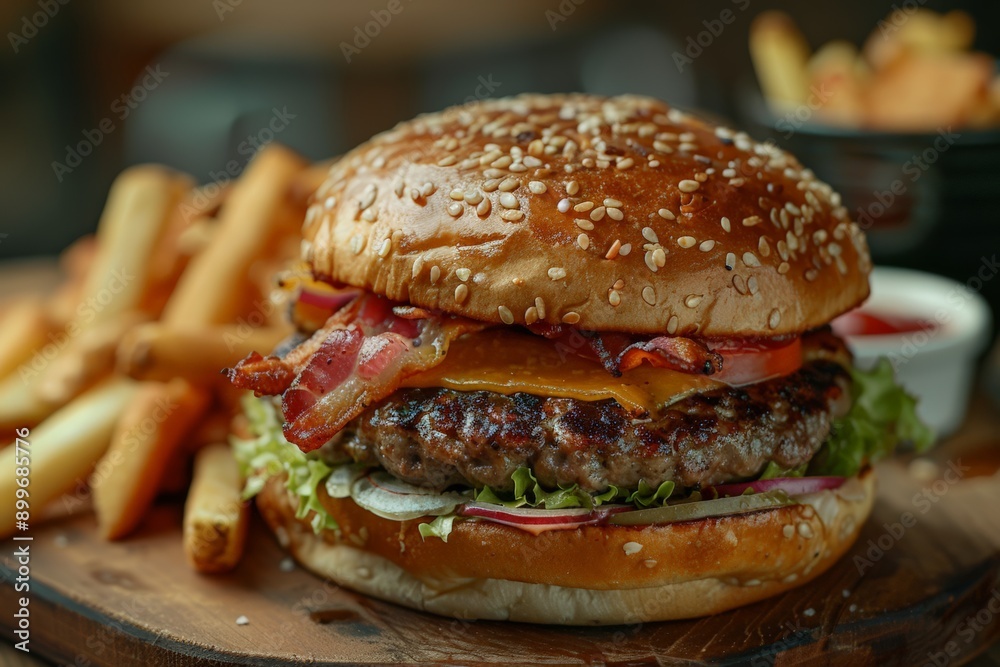 Delicious bacon cheeseburger with fresh vegetables and crispy fries. Delicious bacon cheeseburger with fresh vegetables and crispy fries.