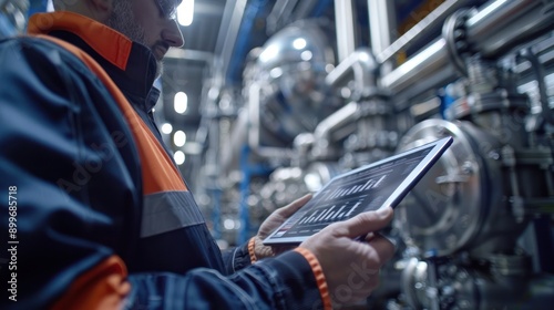 A worker using a digital tablet to monitor production metrics in a smart factory, highlighting the role of IoT in manufacturing photo