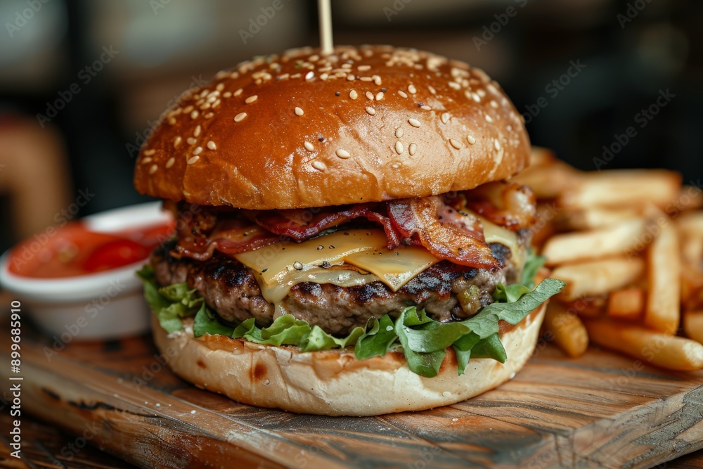 Delicious bacon cheeseburger with fresh vegetables and crispy fries. Delicious bacon cheeseburger with fresh vegetables and crispy fries.