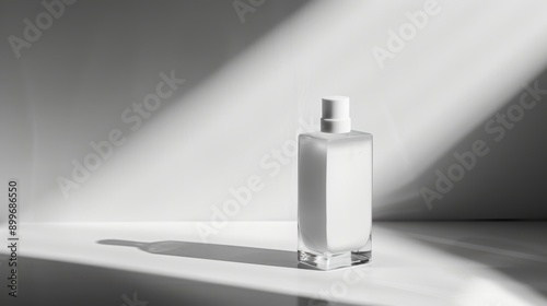 Natural light illuminates a clean surface with a white spray bottle casting a shadow, ideal for product packaging or branding designs