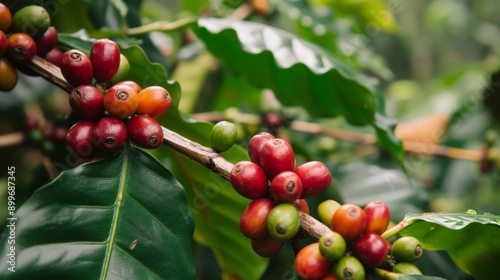 A vibrant close-up image of ripe coffee cherries on a branch, showcasing their rich colors and natural textures. Perfect for themes related to agriculture, organic farming, and the beauty of nature's