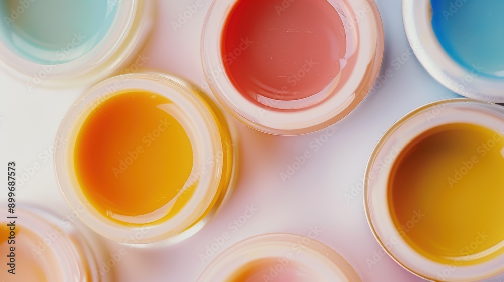 Colorful cosmetic creams in glass jars with white lids arranged on a clean white surface, offering natural ingredients for a luxurious spa-like experience Colorful cosmetic creams in glass jars with white lids arranged on a clean white surface, offering natural ingredients for a luxurious spa-like experience