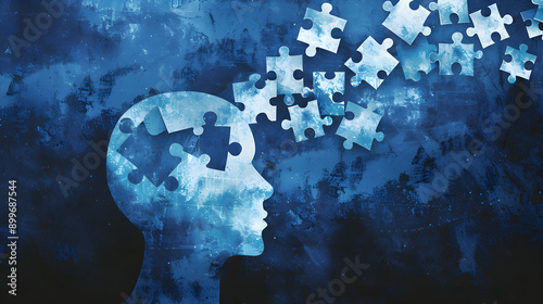 a blue silhouette of a head is shown with several puzzle pieces fitting together inside it. The missing pieces floating above the head symbolize the ongoing process of building knowledge and understan