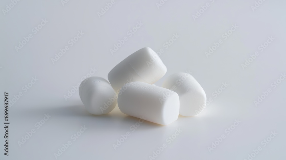 Four fluffy white marshmallows on a clean white background, capturing sweetness and simplicity Four fluffy white marshmallows on a clean white background, capturing sweetness and simplicity