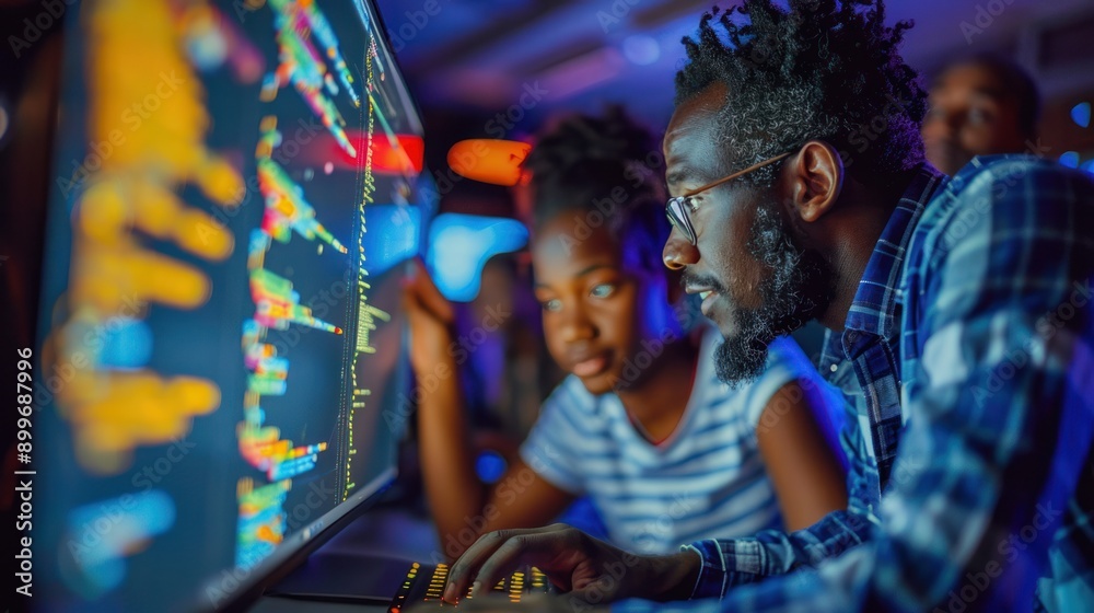 Obraz premium A teacher helping a student with a computer coding assignment, showcasing modern skills in education