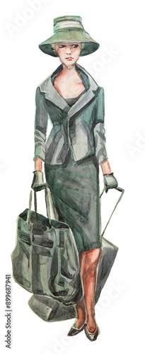 Woman with suitcase in old fashioned clothes. Watercolor 1960s woman with luggage painting.Travel concept illustration.