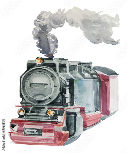 Watercolor train illustration. A vintage vehicle painting. Travel concept artwork.