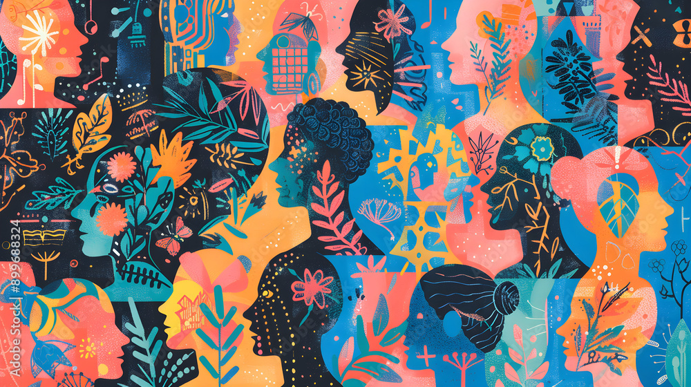 multiple heads filled with different patterns and designs, symbolizing the diversity of cognitive processes and thought patterns multiple heads filled with different patterns and designs, symbolizing the diversity of cognitive processes and thought patterns