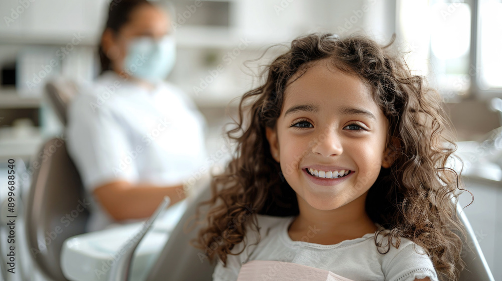 Cute happy Hispanic girl smiling with white teeth at a dentist appointment. A child sits in a dental chair in a modern dentist or orthodontist office Cute happy Hispanic girl smiling with white teeth at a dentist appointment. A child sits in a dental chair in a modern dentist or orthodontist office
