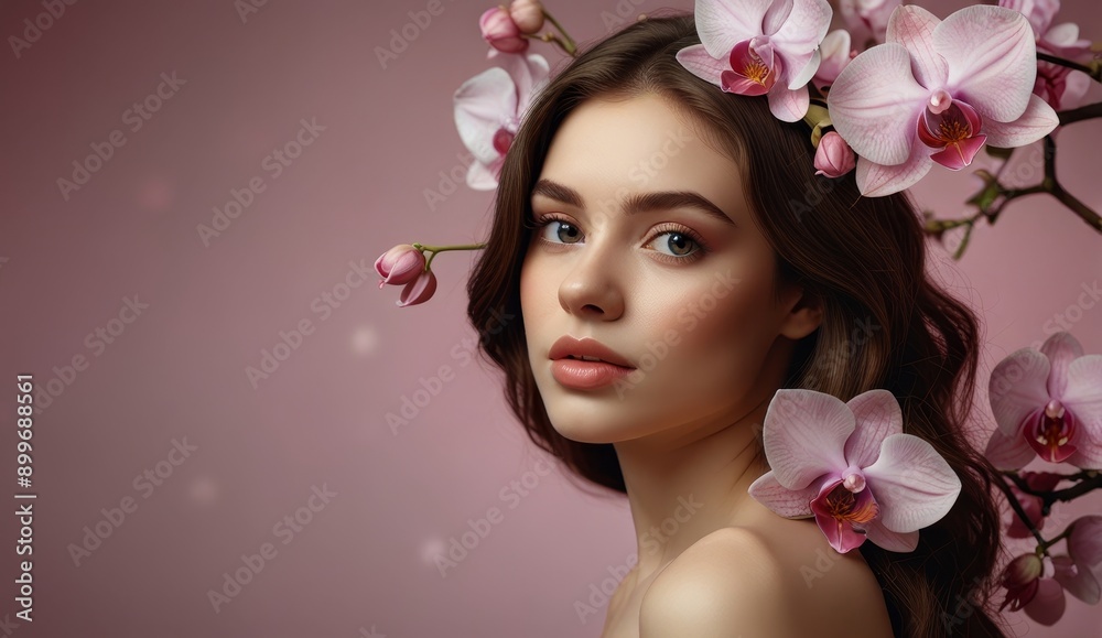 Elegant Woman with Orchid Flowers