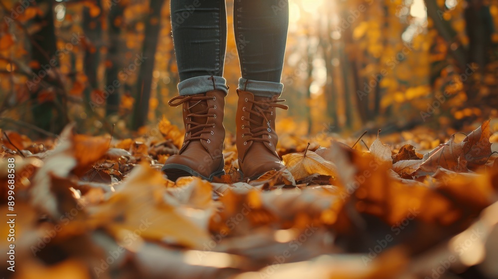 Woman wearing brown boots walking on fallen leaves in autumn forest. Woman wearing brown boots walking on fallen leaves in autumn forest.