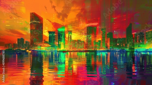 Vivid Neon Abstract Skyline in Urban Setting - Futuristic Digital Art of Neon Colors Illuminating the Cityscape