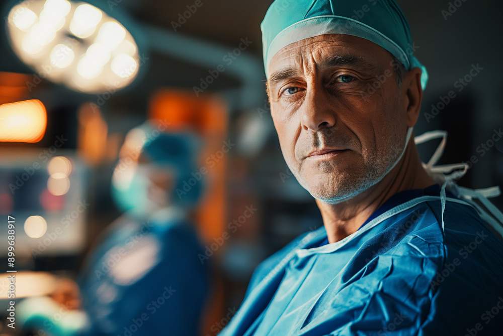 Portrait of a surgeon in an operating room during a complex operation, with high-tech medical equipment and a sterile interior Portrait of a surgeon in an operating room during a complex operation, with high-tech medical equipment and a sterile interior