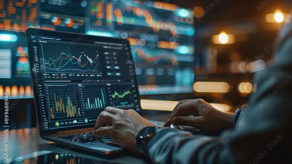 A statistician using software to perform data analysis on a laptop, showcasing precision and detail in research A statistician using software to perform data analysis on a laptop, showcasing precision and detail in research