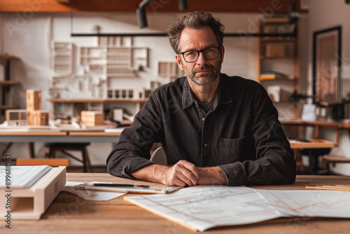 Portrait of an architect in a studio, at a table with drawings, models and a tablet, with modern architectural details in the background