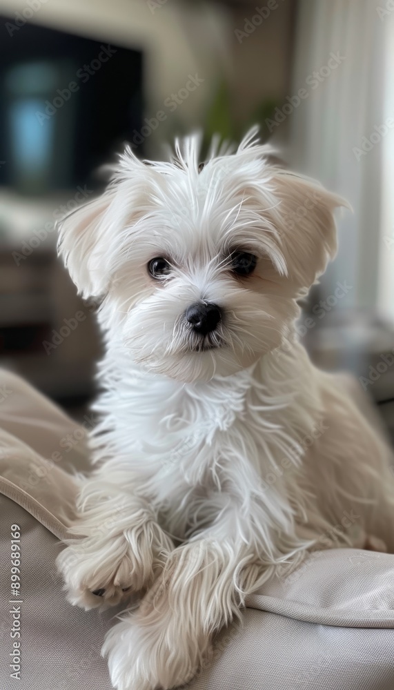 Adorable maltese puppy on modern living room sofa, close up shot capturing realistic details Adorable maltese puppy on modern living room sofa, close up shot capturing realistic details