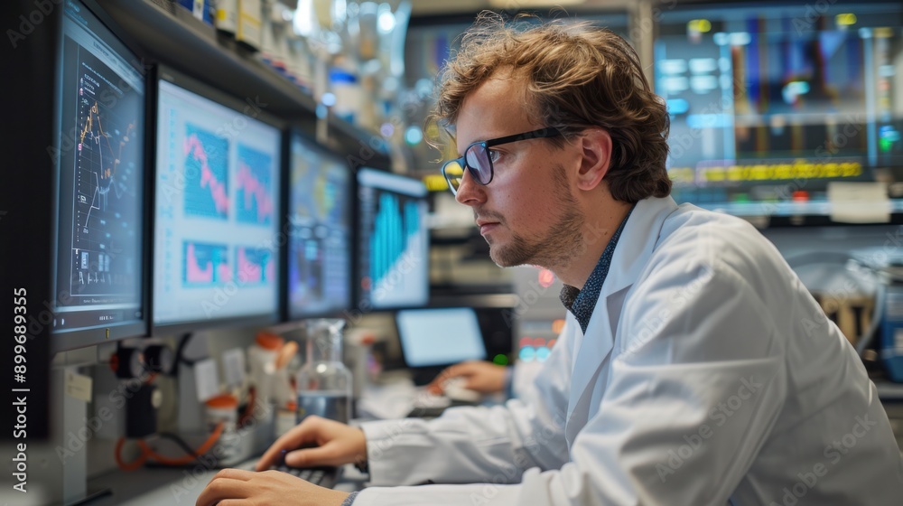 A scientist carefully examining data charts on multiple computer screens in a modern laboratory A scientist carefully examining data charts on multiple computer screens in a modern laboratory