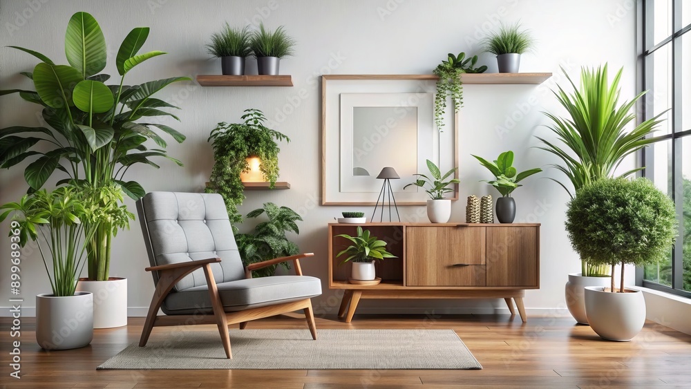 Modern living room with sleek lounge chair, ornate cabinet, lush green plants, and empty frame on crisp white background. Modern living room with sleek lounge chair, ornate cabinet, lush green plants, and empty frame on crisp white background.