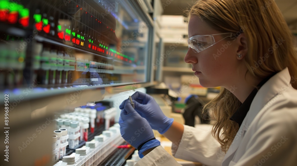 A researcher working on a genetic analysis, highlighting advances in genomics A researcher working on a genetic analysis, highlighting advances in genomics