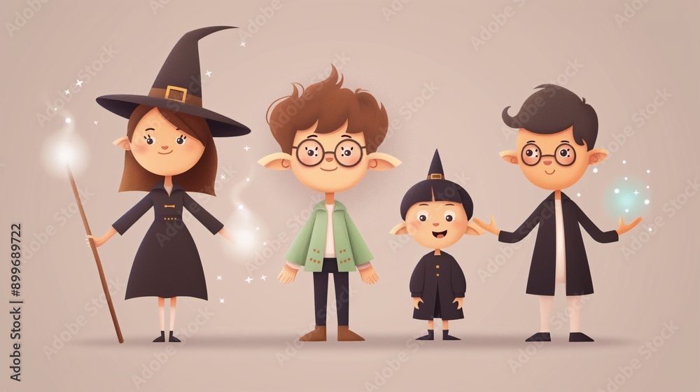 The Young Wizards' Guild: A quartet of adorable, wide-eyed wizards and witches, brimming with magical potential, stand ready to enchant. The Young Wizards' Guild: A quartet of adorable, wide-eyed wizards and witches, brimming with magical potential, stand ready to enchant.