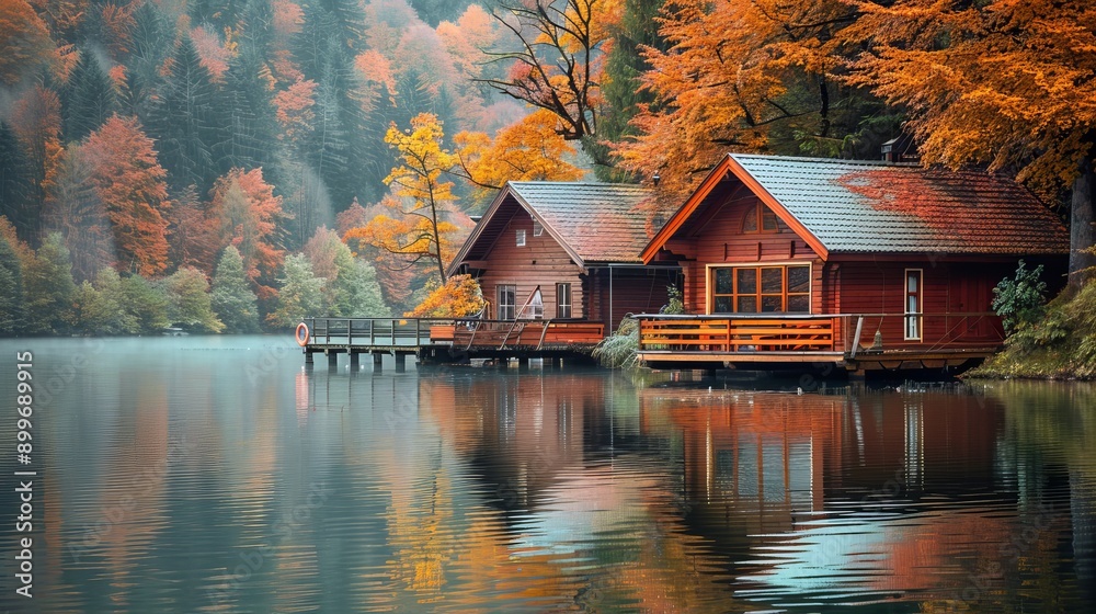 Obraz premium Tranquil autumn lakeside escape wooden cabins and peaceful pier in realistic setting