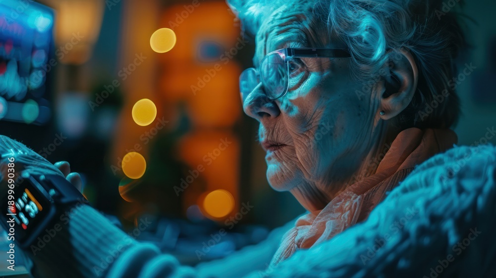 A patient using a wearable health device, emphasizing the role of technology in personal health monitoring A patient using a wearable health device, emphasizing the role of technology in personal health monitoring