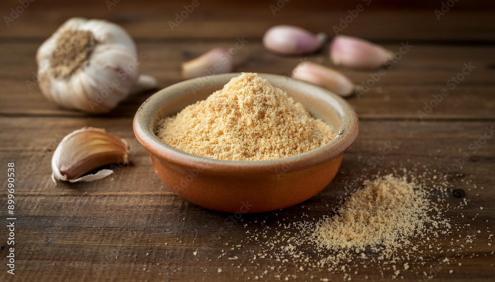 Garlic powder in small ceramic bowl on rustic wooden table. Natural spice. Garlic powder in small ceramic bowl on rustic wooden table. Natural spice.