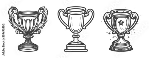 set of trophy cup illustration sketch isolated on white ,generative ai