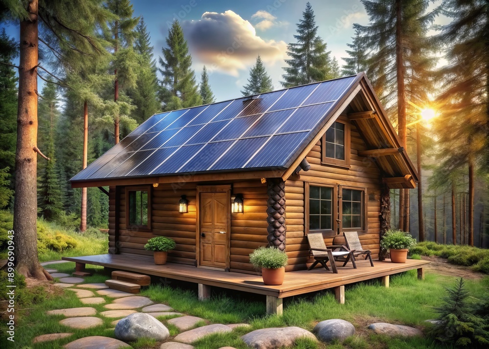 Rustic cabin surrounded by trees receives electricity from solar panels mounted on roof, with interior display showcasing real-time power usage and battery life. Rustic cabin surrounded by trees receives electricity from solar panels mounted on roof, with interior display showcasing real-time power usage and battery life.