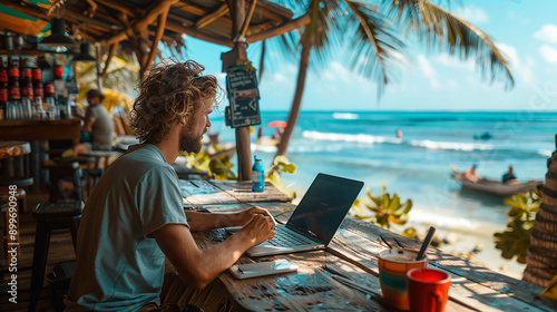 Fototapeta Naklejka Na Ścianę i Meble -  handsome businessman relaxing in a summer holiday, sitting on a beach resort table and working with laptop computer, beautiful beach background and evening vibes