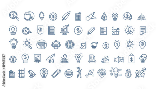 Startup pivoting icon collection set.Containing innovation, adaptability, iterate, disruption, Startups, Innovation, Planning, Funding, Customers, Market ,bifurcation, agile icon.Simple line vector.