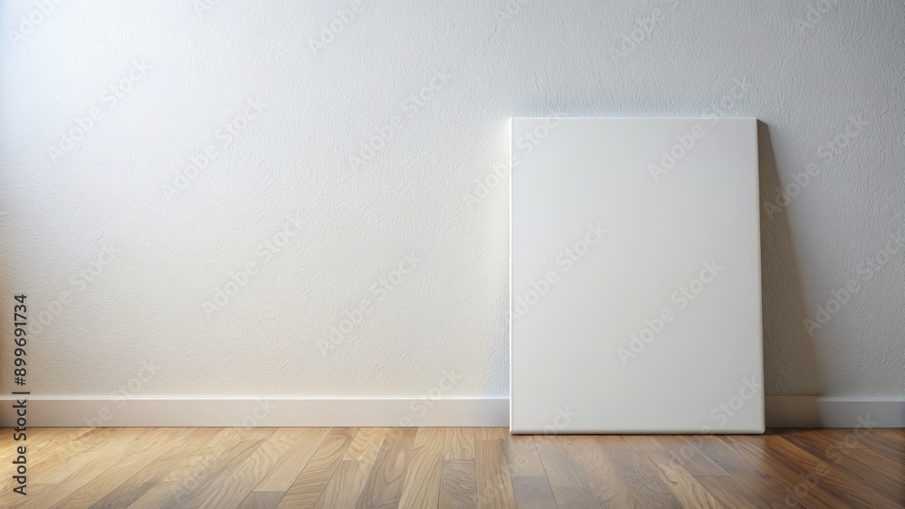Minimalist white background features a blank, newly stretched canvas leaning casually against a pristine wall, awaiting creative expression. Minimalist white background features a blank, newly stretched canvas leaning casually against a pristine wall, awaiting creative expression.