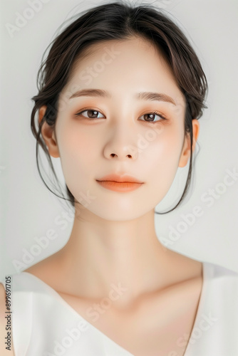 Portrait of a Young Woman with Clear Skin and Elegant Makeup, Featuring Natural and Subtle Beauty