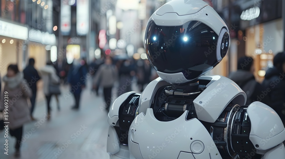 Futuristic Humanoid Robot Interacting with Humans in Smart City Showcasing Advanced Technology Futuristic Humanoid Robot Interacting with Humans in Smart City Showcasing Advanced Technology