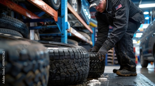 A mechanic balancing tires in an auto shop, ensuring smooth and safe vehicle performance photo