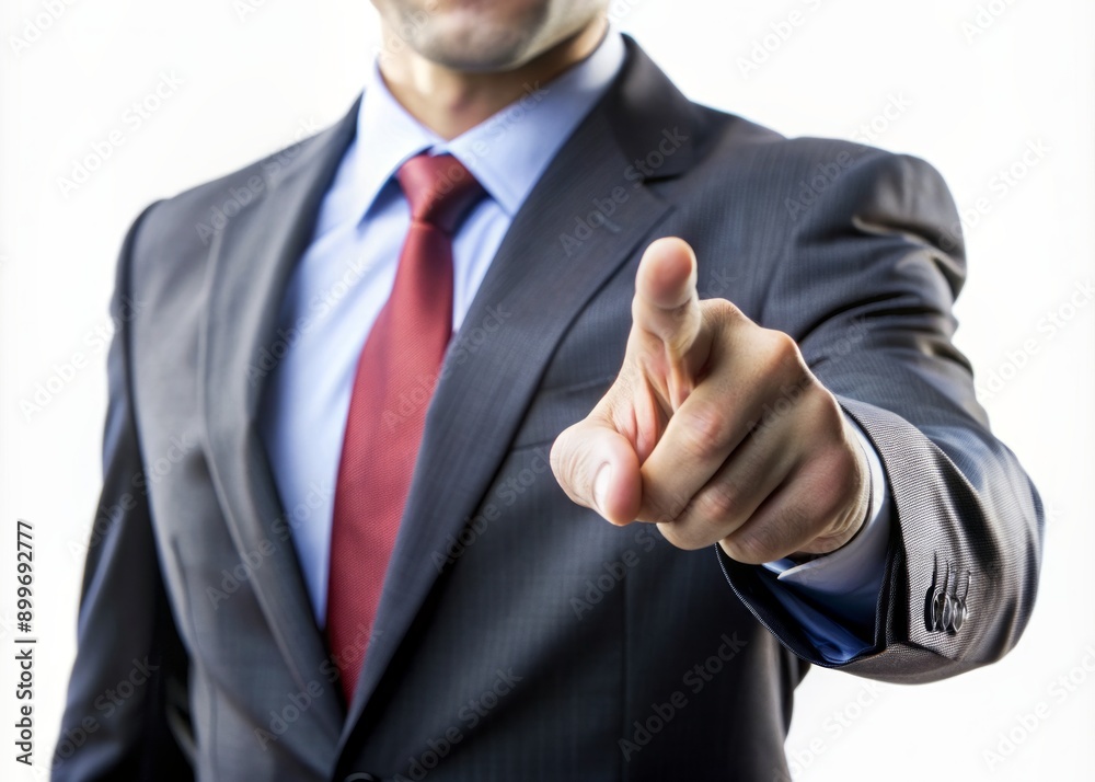 A isolated finger in business attire points to something off-frame against a plain gray background, conveying confidence and direction in a professional setting. A isolated finger in business attire points to something off-frame against a plain gray background, conveying confidence and direction in a professional setting.