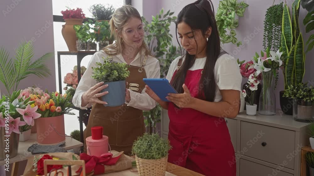 Two women collaborate in a vibrant flower shop, choosing plants and using a tablet. Two women collaborate in a vibrant flower shop, choosing plants and using a tablet.